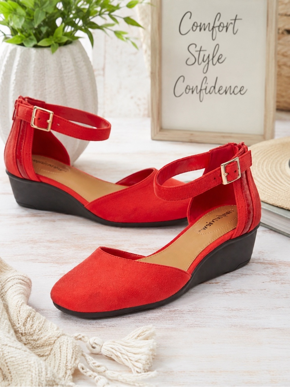 comfortview Red Ankle-Strap Wedge Faux Suede Pumps Size 11